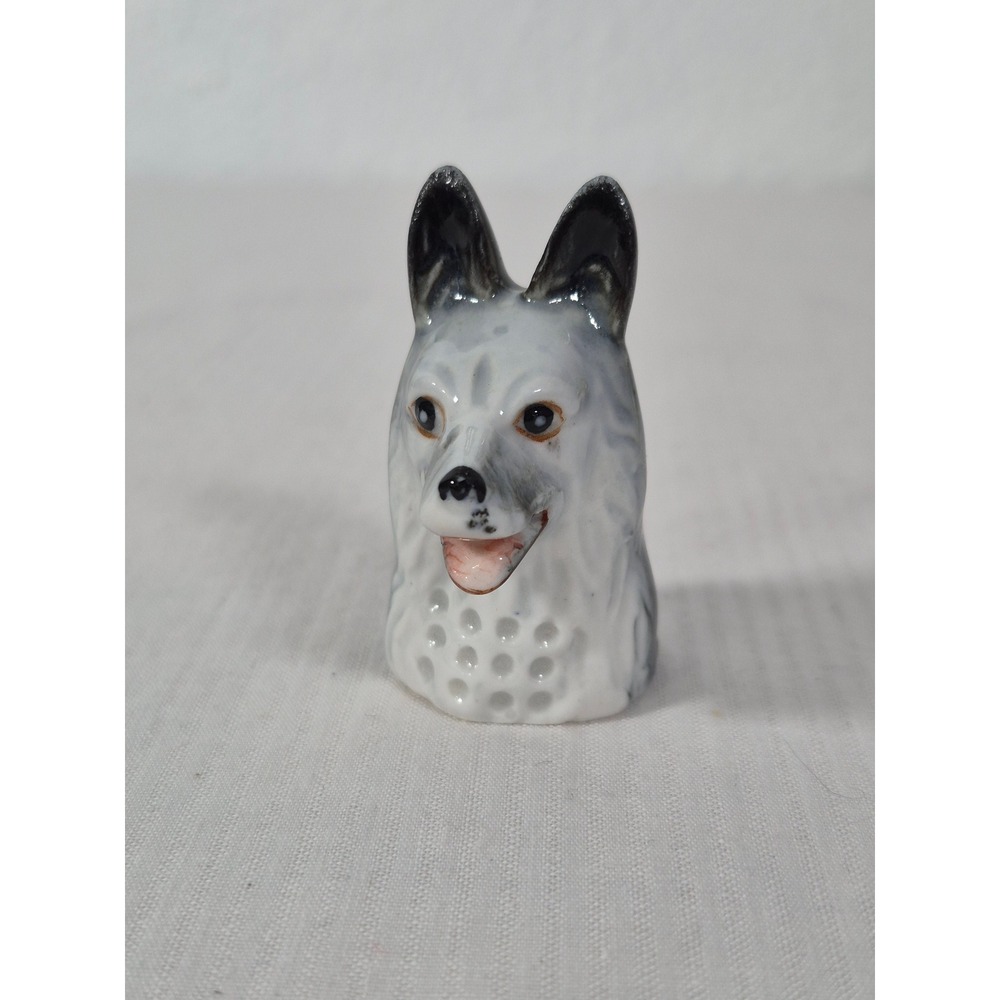 Vintage Porcelain German Shepherd Dog Head Thimble Hand Painted Collectible
